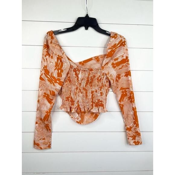 Open Edit Orange White Cowl Neck Long Sleeve Top XXS Smocked Back - Picture 3 of 11